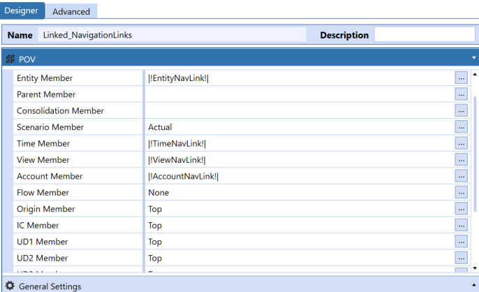 In the Designer tab POV section, the Time, View, and Account Members are set to |!TimeNavLink!|, |!ViewNavLink!|, and |!AccountNavLink!|